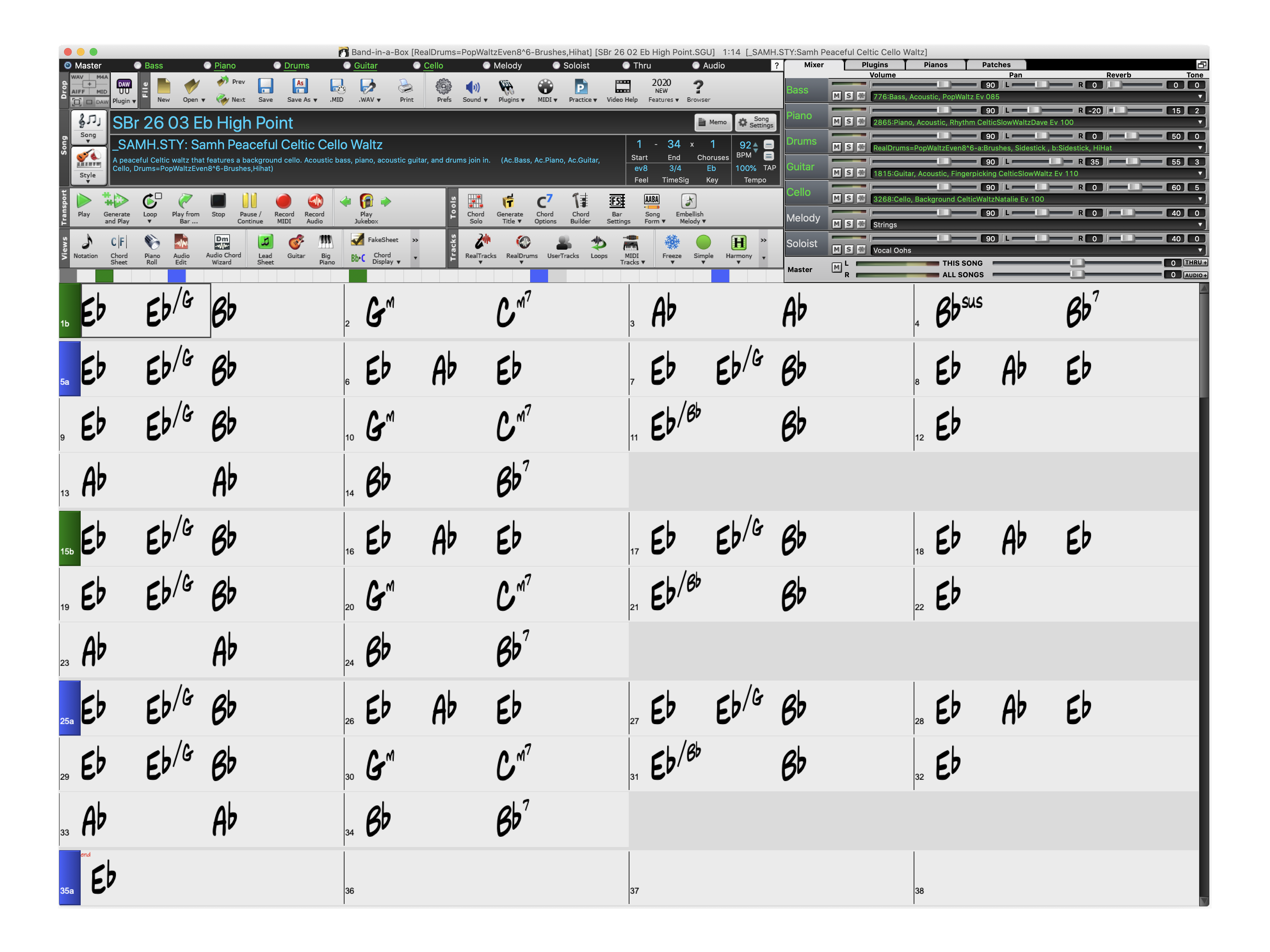 Computer screen showing a tune being edited in music software